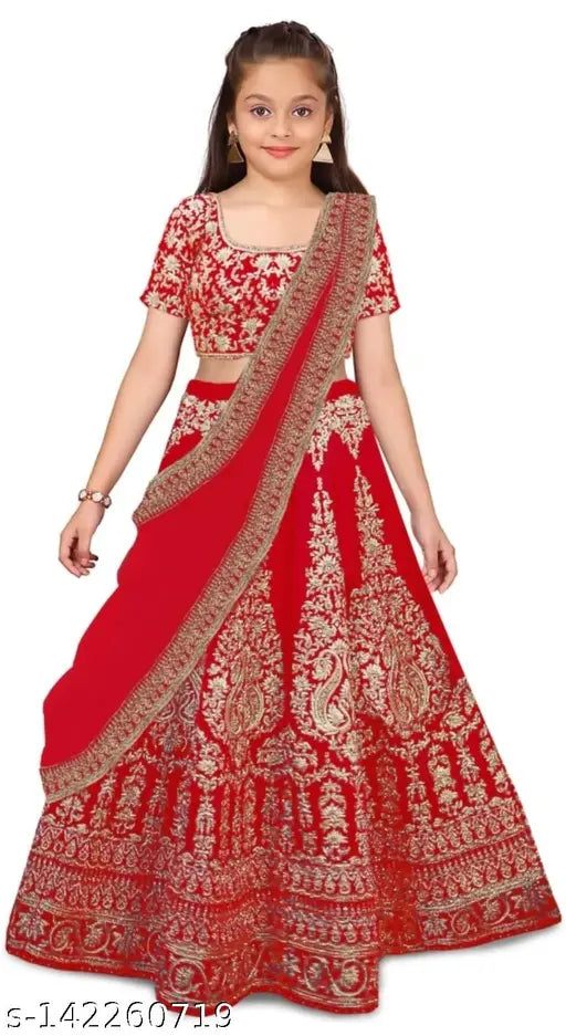 Embroidered velvet kids' girls Lahenga Choli & net dupatta set, short-sleeved, vibrant Indian fashion for little princesses (age 4-10 years)