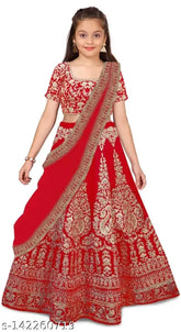 Embroidered velvet kids' girls Lahenga Choli & net dupatta set, short-sleeved, vibrant Indian fashion for little princesses (age 4-10 years)