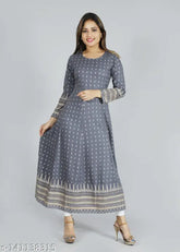 Grey rayon Anarkali Kurti with gold prints, comfortable long-sleeved women's Indian fashion wear from Faheeman Garments