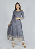 Grey rayon Anarkali Kurti with gold prints, comfortable long-sleeved women's Indian fashion wear from Faheeman Garments