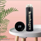 Matte black stainless steel water bottle with smart LCD touch screen, keeps cold 500ml - personalized & BIS certified