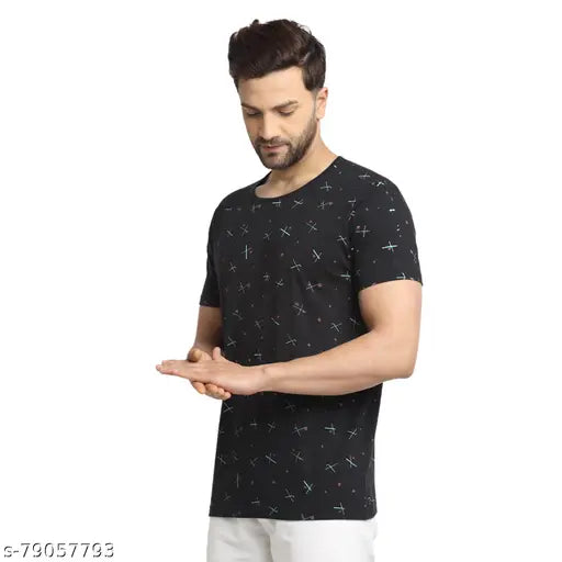 Black cotton Vimal Jonney men's printed round t-shirt, short sleeves, India-origin