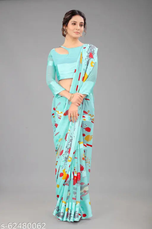 Georgette and satin printed saree in free size, Indian fashion accessory with separate blouse piece