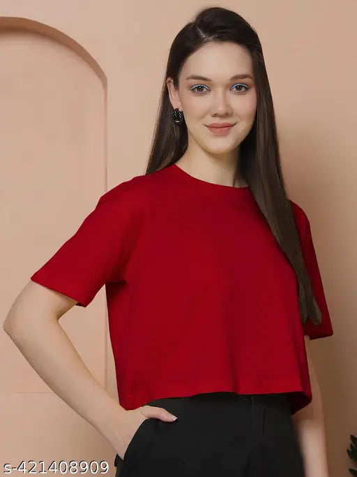 Women's red oversized cotton t-shirt, loose fit short sleeve tee for casual wear. Made in India