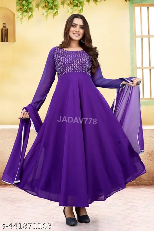 Purple Georgette Chikankari Embroidered Straight Kurta & Dupatta Set for Women