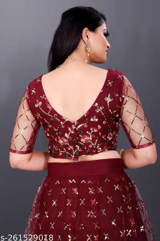 Stylish designer net lehenga with 5mm fancy sequence work, embellished blouse and dupatta, free size (waist 44in, length 44in, dupatta 2.5m). Indian unstitched party wear