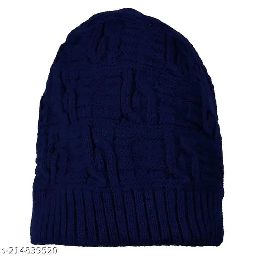 Blue wool beanie cap, stylish self-design for men and women. Made in India