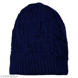 Blue wool beanie cap, stylish self-design for men and women. Made in India