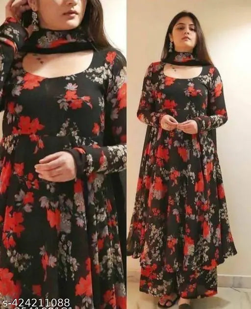 Georgette printed net long-sleeved stylish modern women's dress, multiple sizes available