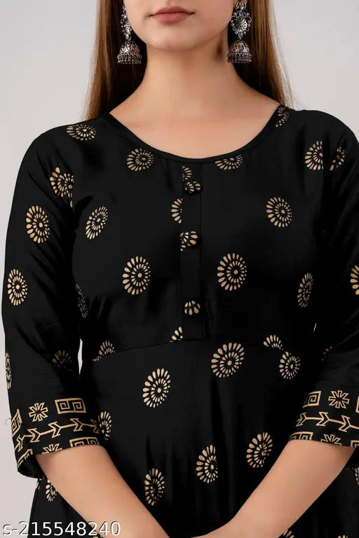 Rayon gold printed black Anarkali kurti for office party wear, women's fashionable 3/4 sleeves with round neck and all-over print, India