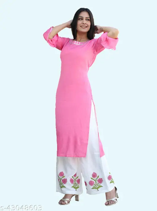 Rayon kurti palazzo set, solid color Indian rayon kurti and palazzos with three-quarter sleeves