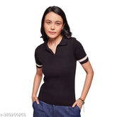 Black cotton blend women's solid regular t-shirt, short sleeves, elevates casual wardrobe
