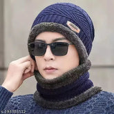 EliteX blue wool beanie cap & muffler, criss-cross knit, premium snow proof, hand-knitted feel, soft fleece lining