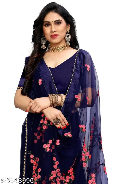 Pink soft net saree with floral embroidery and unstitched blouse piece, Indian party wear