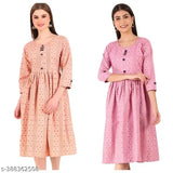 Two-tone cotton blend printed long frocks combo, ideal for daily wear and ethnic occasions, Indian origin