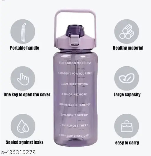 Plastic motivational water bottle, 2000ml, large leak-proof, multicolor, ideal for gym, running, camping, outdoor sports. Eco-friendly, BPA-free, dishwasher safe. Perfect gift for fitness enthusiasts and health lovers. Features silicone straw, secure lid, wide mouth, and motivational quotes. Made in India
