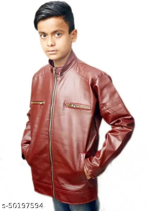 Boys maroon leather jacket & coat - solid, long sleeve, 1 pack, size 2-15 years, Indian origin