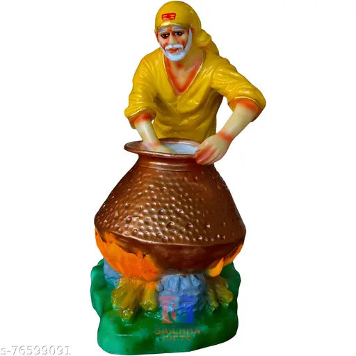 Yellow marble Shirdi Saibaba Handi Cooking Idol figurine, 5.5" x 7.5" x 3", Indian religious artifact