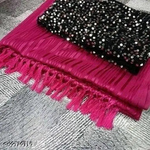 Striped sequin Georgette wetless saree with separate velvet blouse - Indian free size