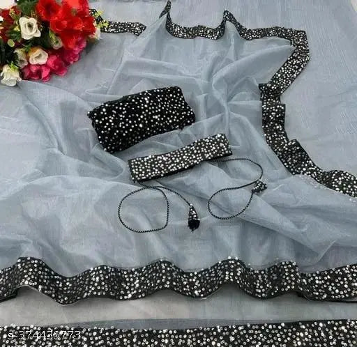 Sequined net sari with embellished blouse, free size, Indian origin