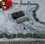 Sequined net sari with embellished blouse, free size, Indian origin
