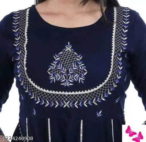 Rayon embroidery work long Anarkali Kurta, printed combo in three-quarter sleeves, vibrant Indian fashion for women's wardrobe (XL, bust 44in)