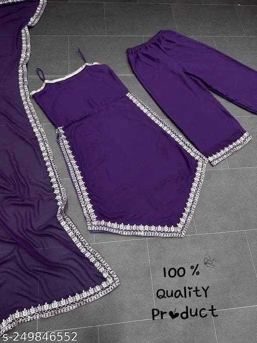 Purple Georgette embroidered Indian kurti set with dupatta and plazzo, perfect for festive partywear