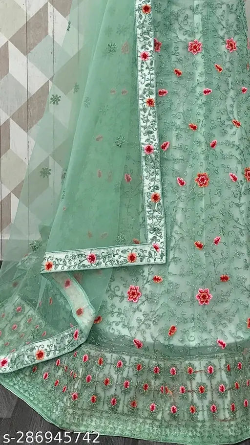 Designer net embroidered lehenga choli set, semi-stitched blouse and matching dupatta. Free size, 2.5m dupatta length, best for normal occasions. Indian ethnic wear, partywear lehenga choli