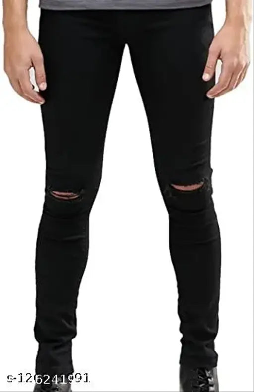 Distressed black denim slim fit jeans for men by FLETE FASHION. Hand wash only, knee distressed design, sizes: 28, 30, 32