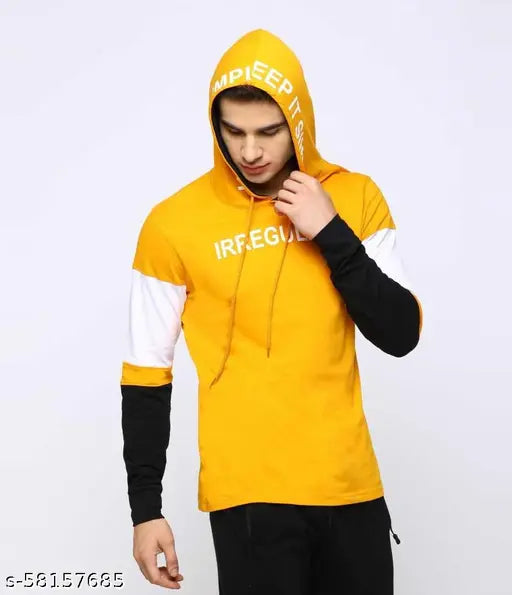 Yellow cotton long sleeve printed hoodie from Jump Cuts, featuring colorblocked design for men's casual outfits