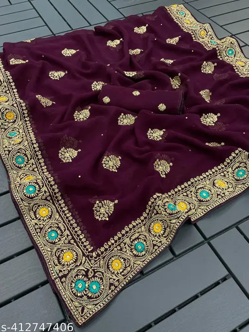 Designer Georgette Zari Embroidered C Pallu Saree, free size, 5.5m length, India origin