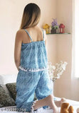 Floral printed rayon pyjamas set, sleeveless, striped top with sweetheart neck, elastic-waist bottom, Indian origin