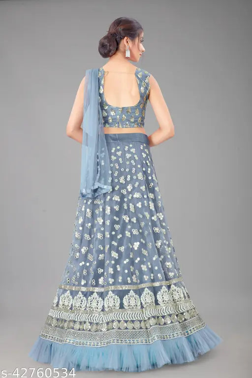 Adrika attractive grey net sequin lehenga choli and dupatta, semi-stitched Indian embellished attire for women