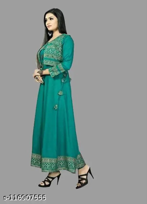 Rama green Rayon Anarkali kurti with lace border - women's ethnic jacket, gold print on three-quarter sleeves