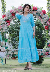 Sky blue Rayon embroidery yoke tyer kurta with lace, festival designer print and solid, three-quarter sleeves