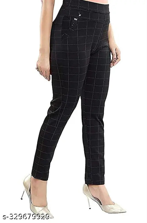 Stylish checked lycra jeggings combo for woman & girls, grey black white blue brown & maroon. Versatile workwear with subtle checked pattern and practical pockets