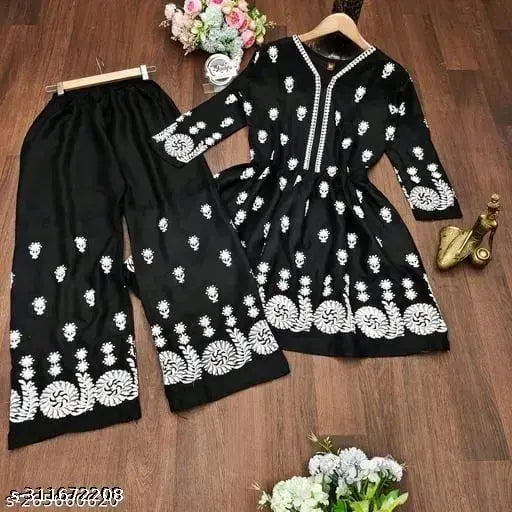 Black Rayon Kurta with Palazzos, embroidered net, three-quarter sleeves. Single size S (bust 34in, shoulder 15in). Made in India