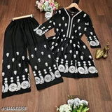 Black Rayon Kurta with Palazzos, embroidered net, three-quarter sleeves. Single size S (bust 34in, shoulder 15in). Made in India