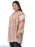 Pink rayon crepe plus size V-neck top, long sleeves, striped pattern. Stylish women's wear made in India
