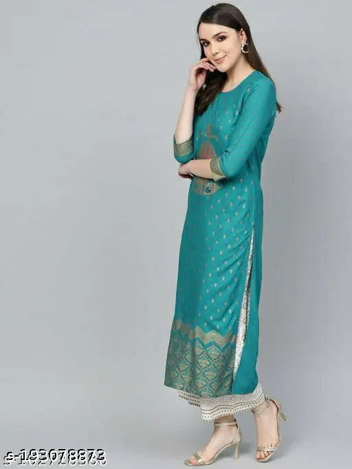 Gold rayon printed kurti and palazzo set, three-quarter sleeves, Indian traditional women's fashion