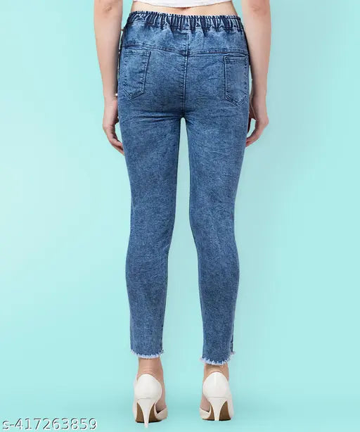 Baggy side pearl blue denim jogger jeans for women, premium stretchable fabric, ankle length