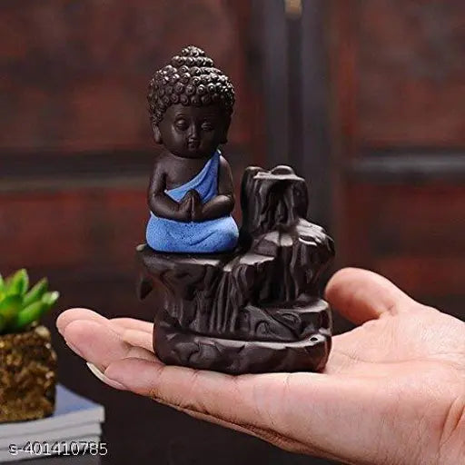 Meditating Buddha backflow incense holder, resin Buddha statue from India for mindfulness spaces, 10x7x12cm