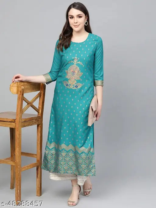 Rama green rayon kurta with white plazo, gold print ethnic motifs for festive occasions