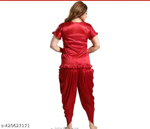 Purple satin nightsuit set for women & girls, trendy fashion with Patiala pants and short sleeves, India origin
