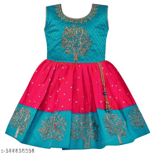 Indian-crafted satin sleeveless embroidered fit and flare knee-length frock dress for girls