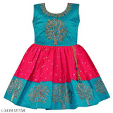 Indian-crafted satin sleeveless embroidered fit and flare knee-length frock dress for girls