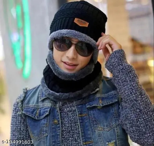 Woolen unisex beanie cap combo, self-design woolen head and neck cap set in onesize
