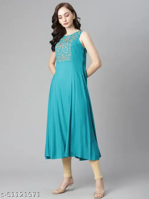 Torquoise viscose rayon sleeveless A-line kurta with boat neck, yoke embroidery, side zipper, flared hem, calf length - Indian fashion