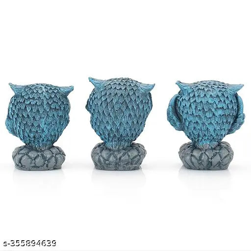 Colorful Morater owl figurine set (3 pcs), polyresin, home decor, living room, garden, office desk - India-made Feng Shui bird sculpture, 10 inches each