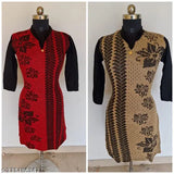 Red yellow wool kurti with three-quarter sleeves, printed combo on S, M, L, XL. Indian handcrafted fashion wear